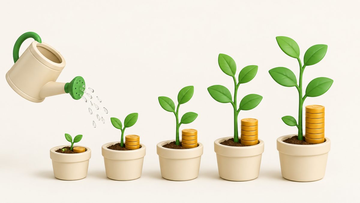 Five plant pots with rising coin stacks being watered — how a SIP compounds